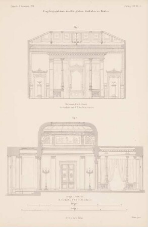 Königliche Ostbahn. Ostbahnhof, Berlin: Querschnitt CD durch den Wartesaal, Schnitt AB Vestibül (aus: Atlas zur Zeitschrift für Bauwesen, hrsg. v. G. Erbkam, Jg. 20, 1870)