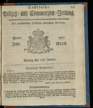 27tes Stueck, Montag den 29ten Junius 1801