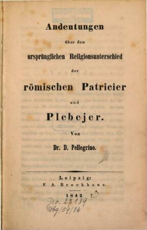 Andeutungen über den ursprünglichen Religionsunterschied der römischen Patricier und Plebejer