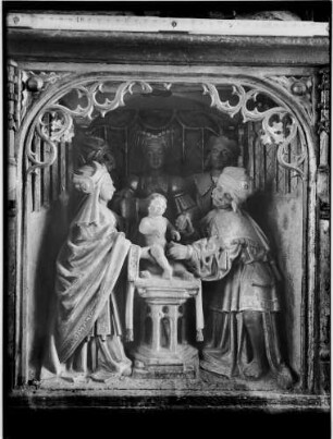 Kirrlach Katholische Pfarrkirche Sankt Cornelius und Cyprian Schnitzaltar Die Beschneidung (18. Jahrhundert)