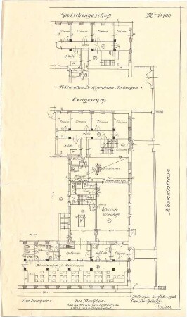 Fischer, Theodor; München - Westend, Bergmannstr.; Ledigenheim - Grundriss EG, Grundriss Zwischengeschoss