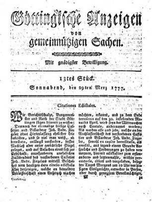 13tes Stück. Sonnabend, den 29ten Merz 1777.