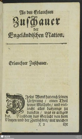 An den Erlauchten Zuschauer der Engeländischen Nation
