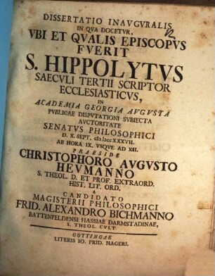Diss. inaug. in qua docetur ubi et qualis episcopus fuerit S. Hippolytus saeculi tertii scriptor ecclesiasticus