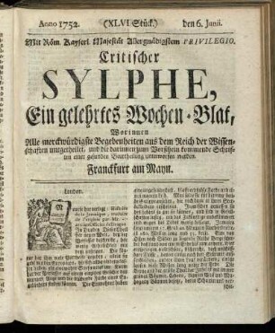 (XLVI. Stück.) den 6. Junii. Anno 1752.