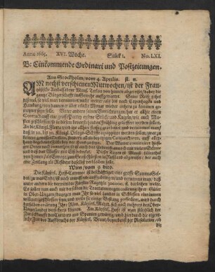 Anno 1665. XVI. Woche. Stück 1. No. LXI.