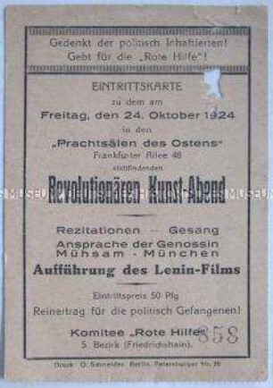 Eintrittskarte für eine Kulturveranstaltung des Komitees "Rote Hilfe" zugunsten der politisch Inhaftierten