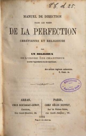 Manuel de direction dans les voies de la perfection chrétienne et religieuse