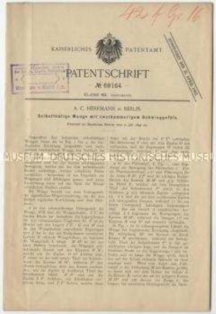 Patentschrift einer selbsttätigen Waage mit zweikammerigem Schwinggefäß, Patent-Nr. 68164
