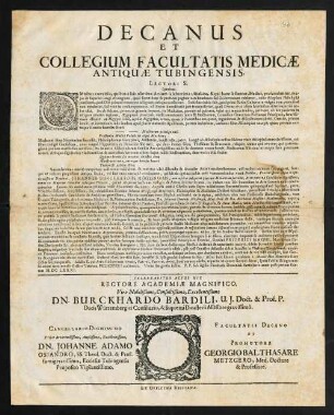 Decanus Et Collegium Facultatis Medicae Antiquae Tubingensis. Lectori S. hygiainein