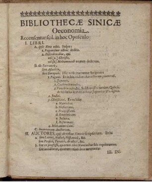 Bibliothecæ sinicæ Oeconomia