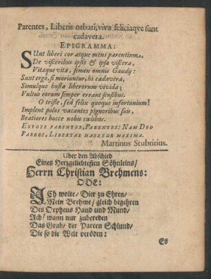 Uber den Abschied Eines Herzgeliebtesten Söhnleins/ Herrn Christian Brehmens: Ode: