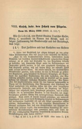 VIII. Gesetz, betr. den Schutz von Vögeln. Vom 22. März 1888.
