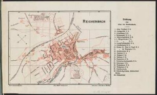 Stadtplan von Reichenbach im Vogtland, 1:15 000, Lithographie, 1897 : Reichenbach [ i. V. ]. - [Ca. 1:15 000]. - Würzburg. : Lith. Anst. v. Ferd. Borst , [1897]. - 1 Kt. : mehrfarb. ; 19,4 x 13,9 cm. - Mit Gebäudeverzeichnis