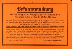 Bekanntmachung über den Aufruf und die Einziehung der Reichsbanknoten (Reichsbankdirektorium)