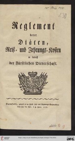 Reglement derer Diäten, Reiß- und Zehrungs-Kosten in betreff der Fürstlichen Dienerschaft