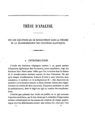 Introduction. Transformation des fonctions elliptiques. Formules de transformation.