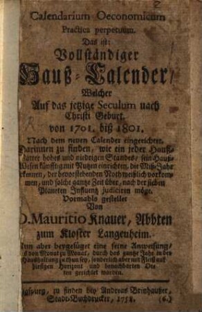 Calendarium oeconomicum politicum perpetuum : von 1701 - 1801