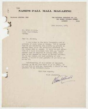 Brief von Oliver Robinson, Nash´s Pall Mall Magazine an Erich Salomon