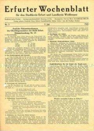 Mitteilungsblatt für die Stadt Erfurt und das Umland u.a. zur Gasversorgung und zur Ernährungslage