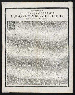 Ephorus Illustris Collegii, Ludovicus Berchtoldus, Candida Lectoribus omnia serio comprecatur