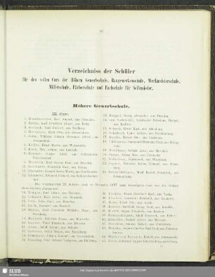 Verzeichniss der Schüler für den vollen Curs der Höhern Gewerbschule, Baugewerkenschule, Werkmeisterschule, Müllerschule, Färberschule und Fachschule für Seifensieder