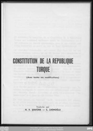 Constitution de la République Turque : (avec toutes ses modifications)