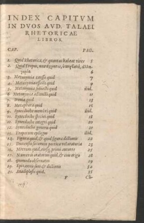 Index Capitum In Duos Aud. Talaei Rhetoricae Libros.