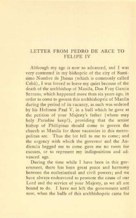 Letter from Pedro de Arce to Felipe IV