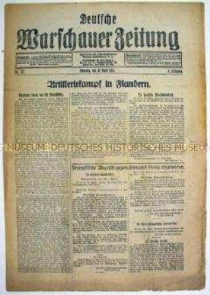 Tageszeitung "Deutsche Warschauer Zeitung" mit Meldungen und Berichten zum Kriegsgeschehen an verschiedenen Fronten