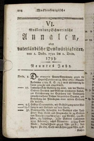 VI. MecklenburgSchwerinsche Annalen, oder vaterlaendische Denkwuerdigkeiten, vom I. Decbr. 1792 bis I. Decbr. 1793
