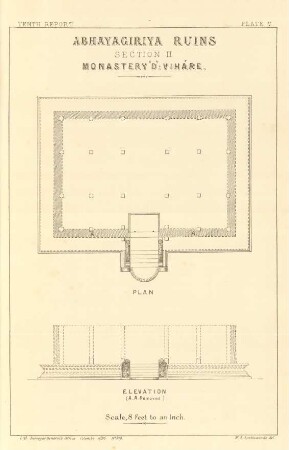 Plate V. Abhayagiriya ruins. Section II. Monastery "D": Viháre. Plan. Elevation (A. A. removed).