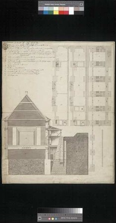 Querschnitt mit Stützmauer am Wall und Anbau sowie Grundrisse der drei Etagen des Anbaus
