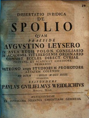 Dissertatio Ivridica De Spolio