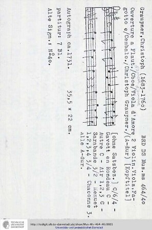 Ouverture a Flaut. / Oboe / Viola d'Amore 2 Violin. Viola, Fagotto e / Cembalo. / Christoph Graupner.