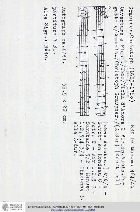 Ouverture a Flaut. / Oboe / Viola d'Amore 2 Violin. Viola, Fagotto e / Cembalo. / Christoph Graupner.