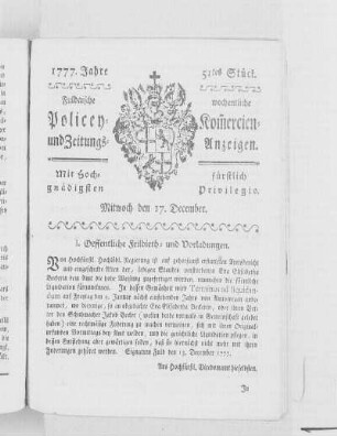 51tes Stück, Ausgabe vom 17. December 1777