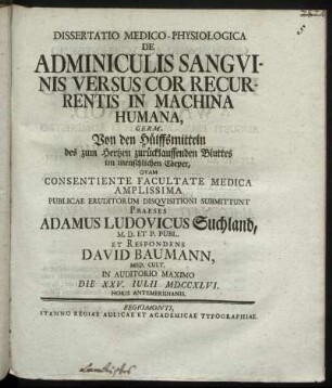 Dissertatio Medico-Physiologica De Adminiculis Sanguinis Versus Cor Recurrentis In Machina Humana