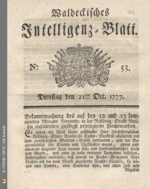 No. 53. Dienstag den 21ten Oct. 1777