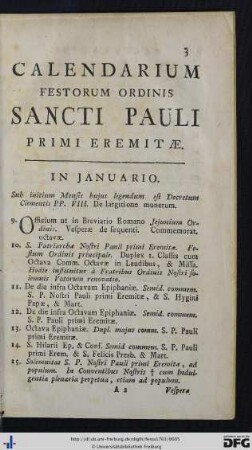 Calendarium Festorum Ordinis Sancti Pauli Primi Eremitae.