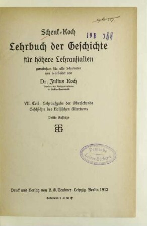 Teil 7: Geschichte des klassischen Altertums : Lehraufgabe der Obersekunda