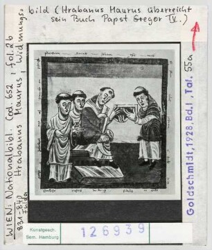 Wien, Nationalbibliothek: Cod. Vindob. 652, Hrabanus Maurus, De laudibus sanctae crucis, Widmungsbild Fulda 831-840