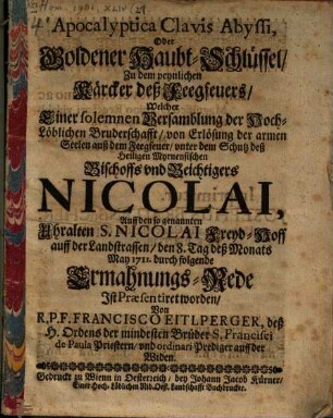 Apocalyptica clavis abyssi : od. Goldener Haupt-Schlüßel zu dem ... Kerker des Feegfeuers
