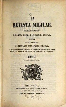 La revista militar : periódico de arte, ciencia y literatura militar. 9. 1851