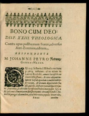 Disp. XXIII. Theologica, ... Respondente M. Johanne Petro Rodaug/ Giessa-Hasso.