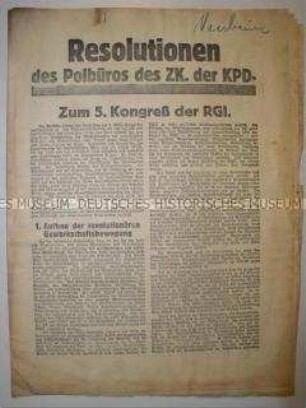 Sonderdruck "Resolutionen des Polbüros des ZK der KPD" zum 5. Kongress der RGI