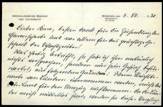 E. Buschor an G. Karo | Digitalisierung: Deutsches Archäologisches Institut, Athen, Archiv