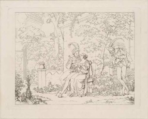 Zu Goethes "Faust": Blatt 19: Marthens Garten (Faust und Gretchen auf einer Bank aneinander geschmiegt, Mephisto lauscht)