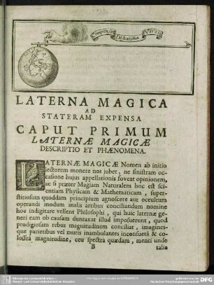 Caput Primum Laternae Magicae Descriptio Et Phaenomena