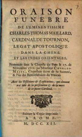 Oraison funebre de ... Charles Thomas Maillard, Cardinal de Tournon